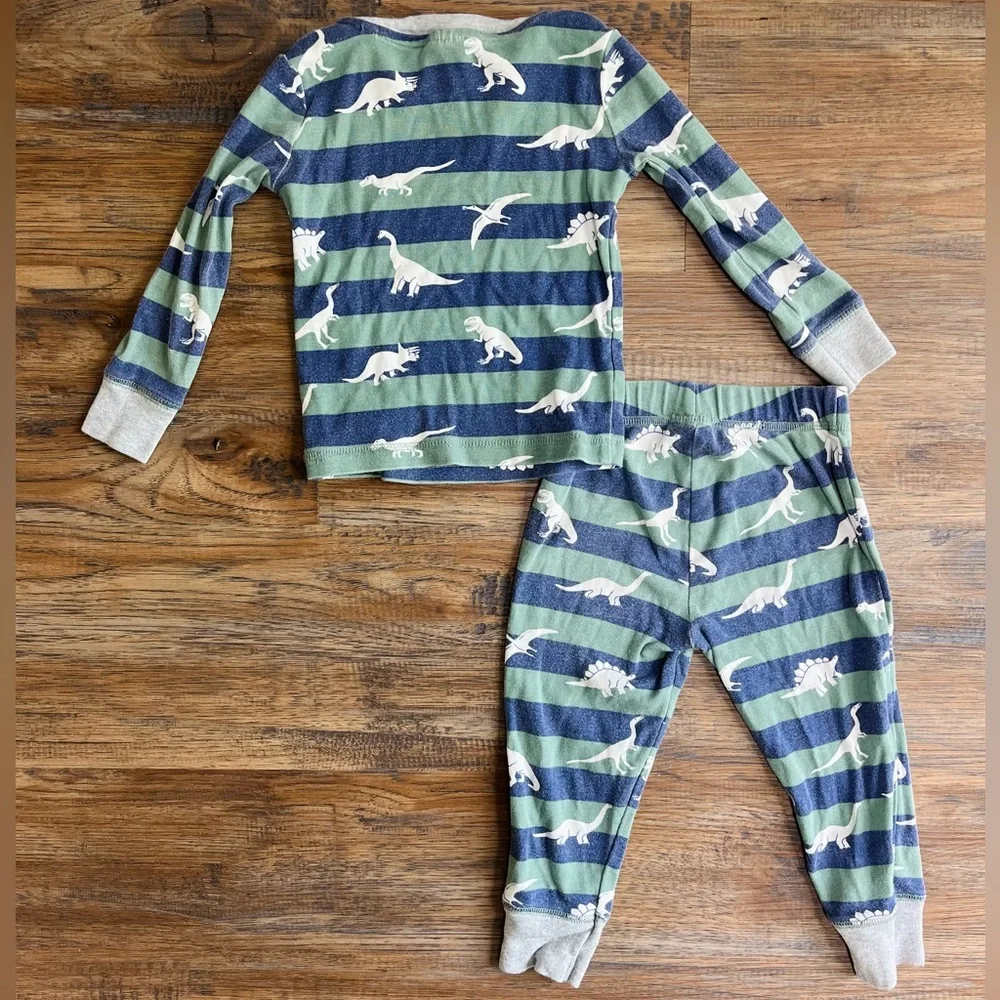 Mini Boden Green Smoke Glow-in-the-Dark Dinosaurs Blue Green Stripes Pajama Set - Picture 3 of 5